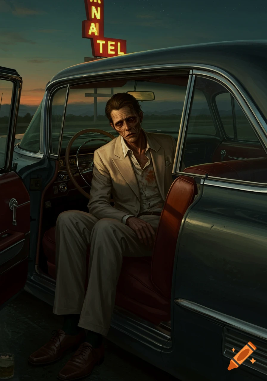 A pale, hollow-eyed man with blood on his shirt sits disheveled in a vintage car at dusk, next to a motel sign.