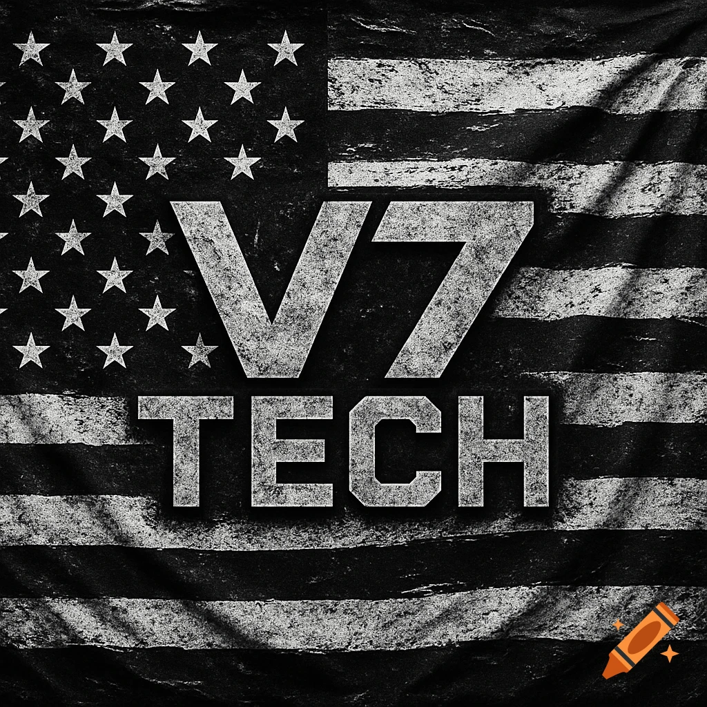 Distressed black and white American flag with 'V7 TECH' logo.