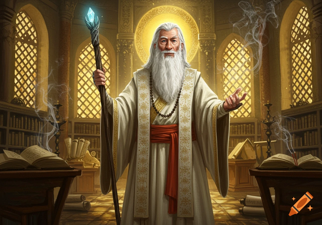 A wise old Indian wizard with a long white beard and a glowing staff stands in a grand library filled with books and golden light.