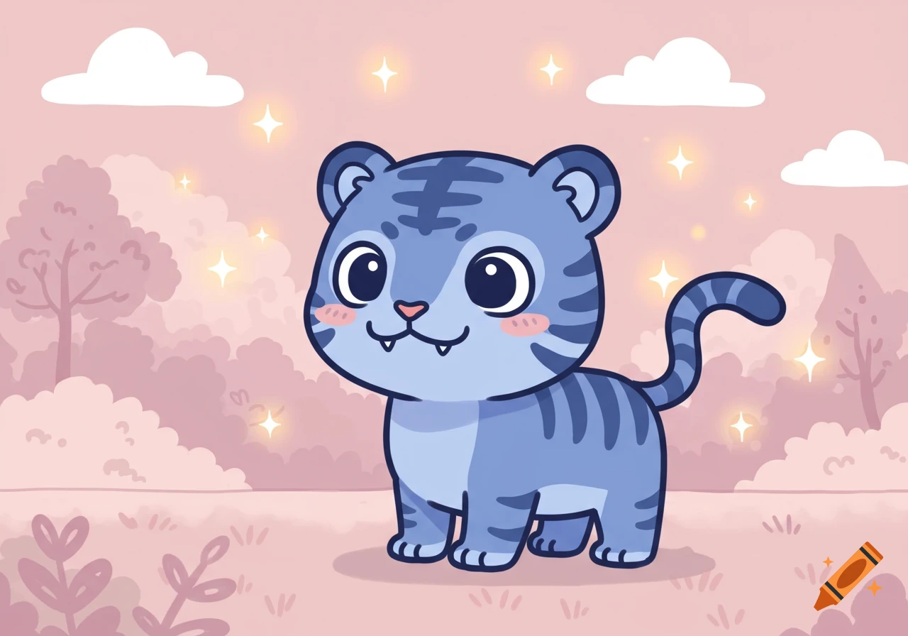A cute blue cartoon tiger with stripes, large eyes, and small fangs stands in a magical pink forest with sparkling stars and clouds.