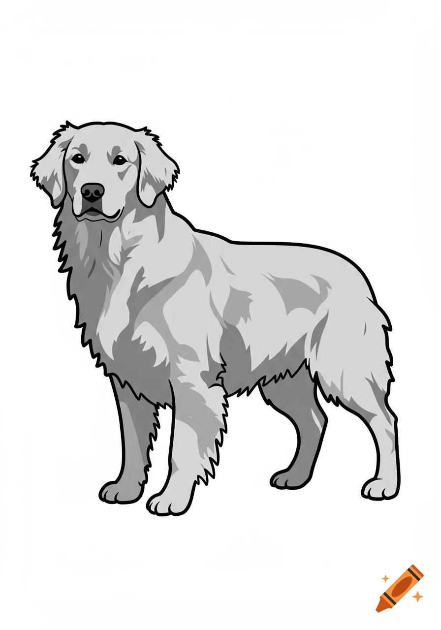 A black and white clipart illustration of a golden retriever dog standing.