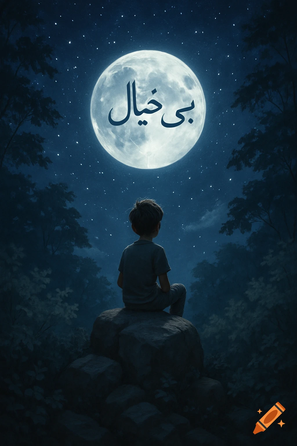 A young boy sits on a rock looking up at a large full moon with the text 'Bi Khial' on it, under a starry night sky and trees.