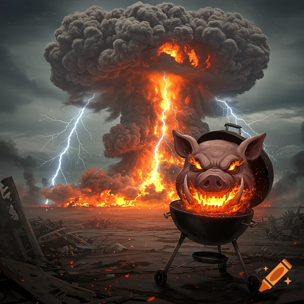 An angry, fiery pig head emerging from a grill against a background of a mushroom cloud, lightning, and a devastated apocalyptic landscape.
