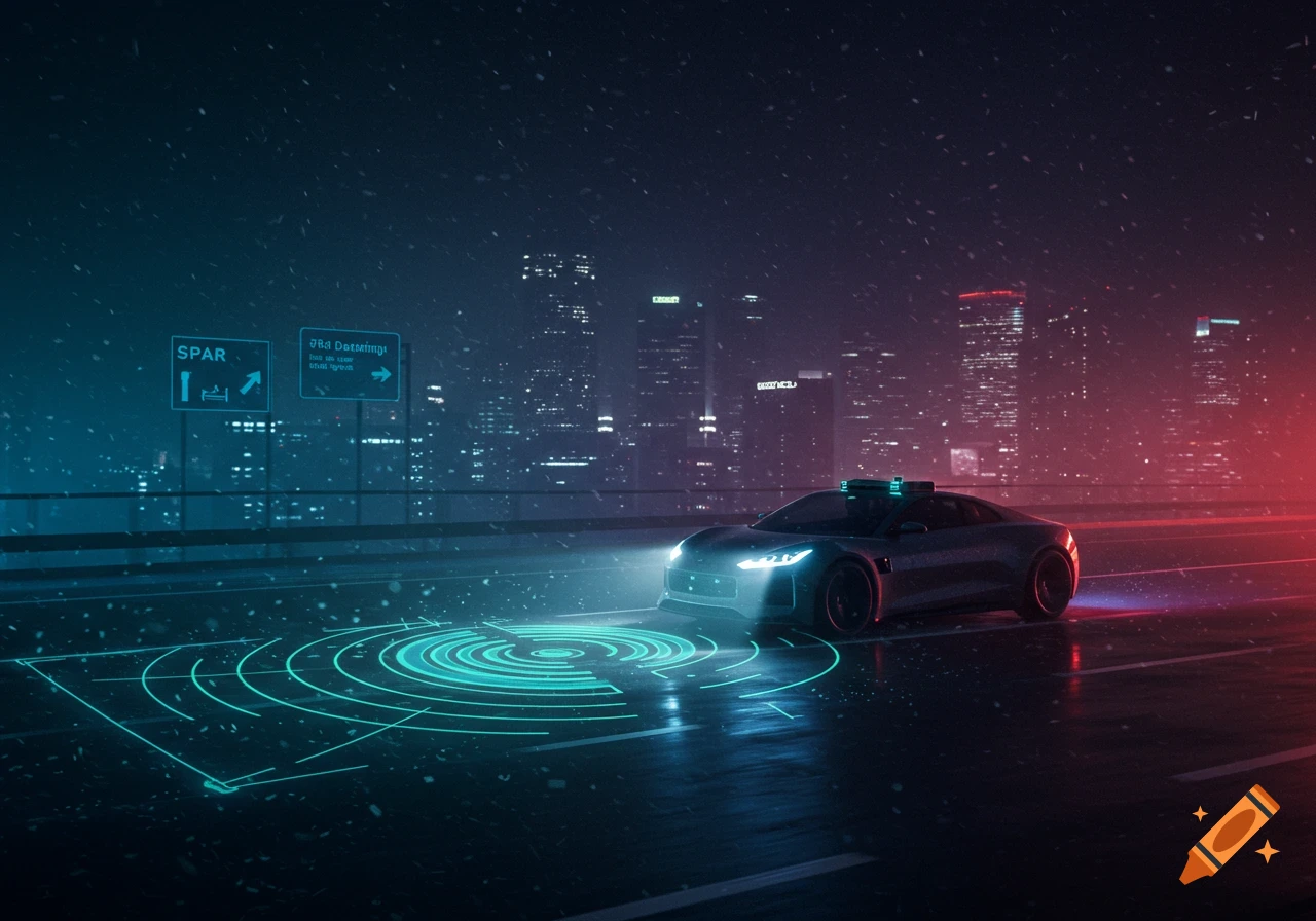 A futuristic car drives on a wet road at night, with glowing blue light projections and a red-lit cityscape in the background.