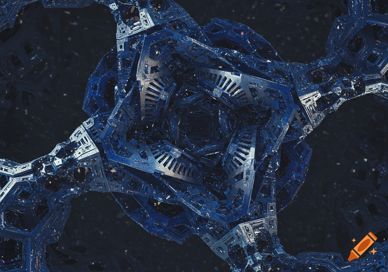 A photorealistic, intricate blue and silver fractal geometric shape with detailed structures, in the style of M. C. Escher.