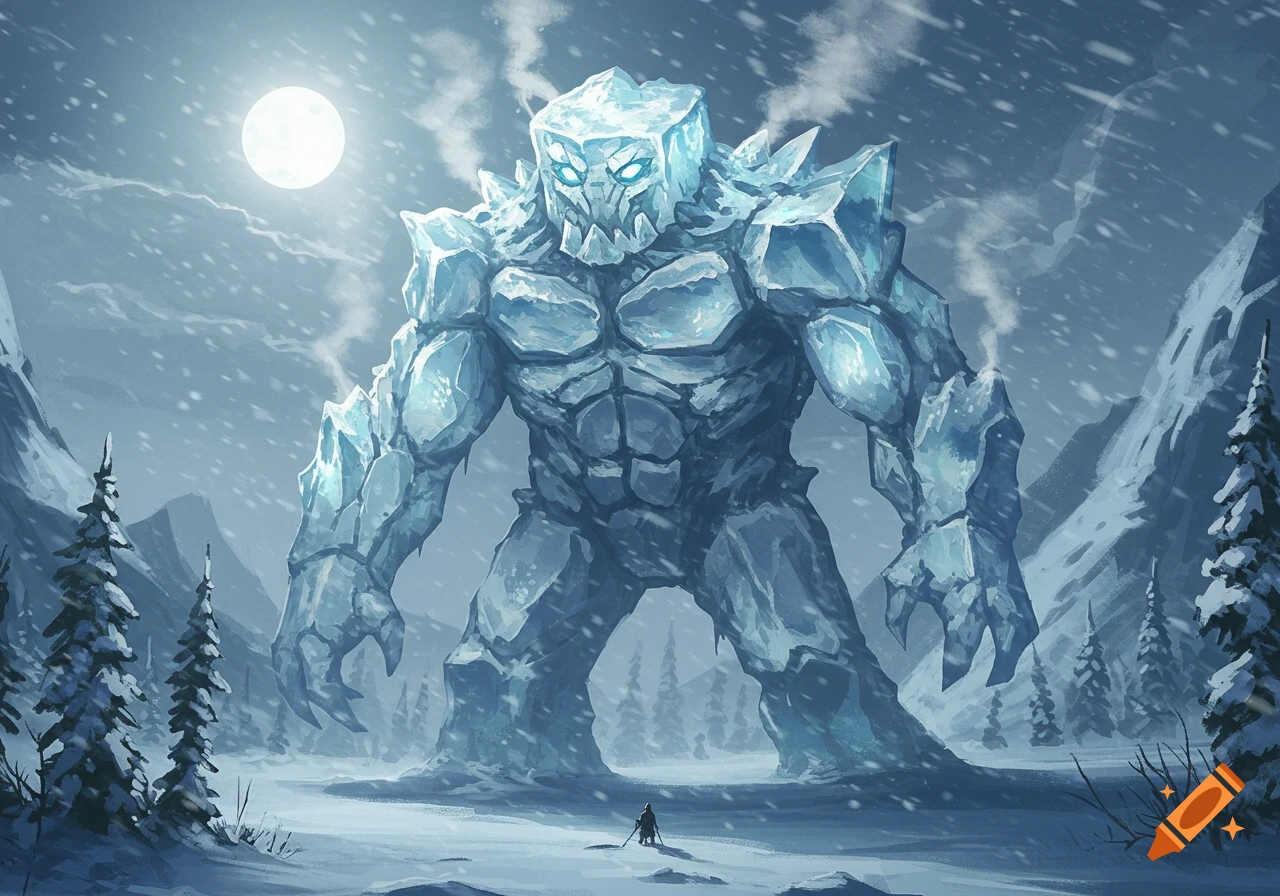 A massive, glowing blue ice monster stands over a tiny figure in a snowy mountain landscape under a bright full moon.