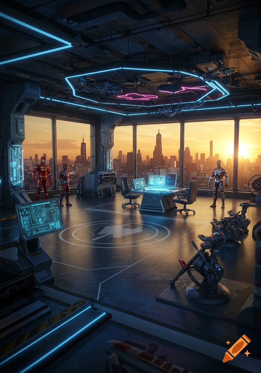 A futuristic superhero lair with neon lights, large windows overlooking a city skyline at sunset, and three figures in superhero suits.