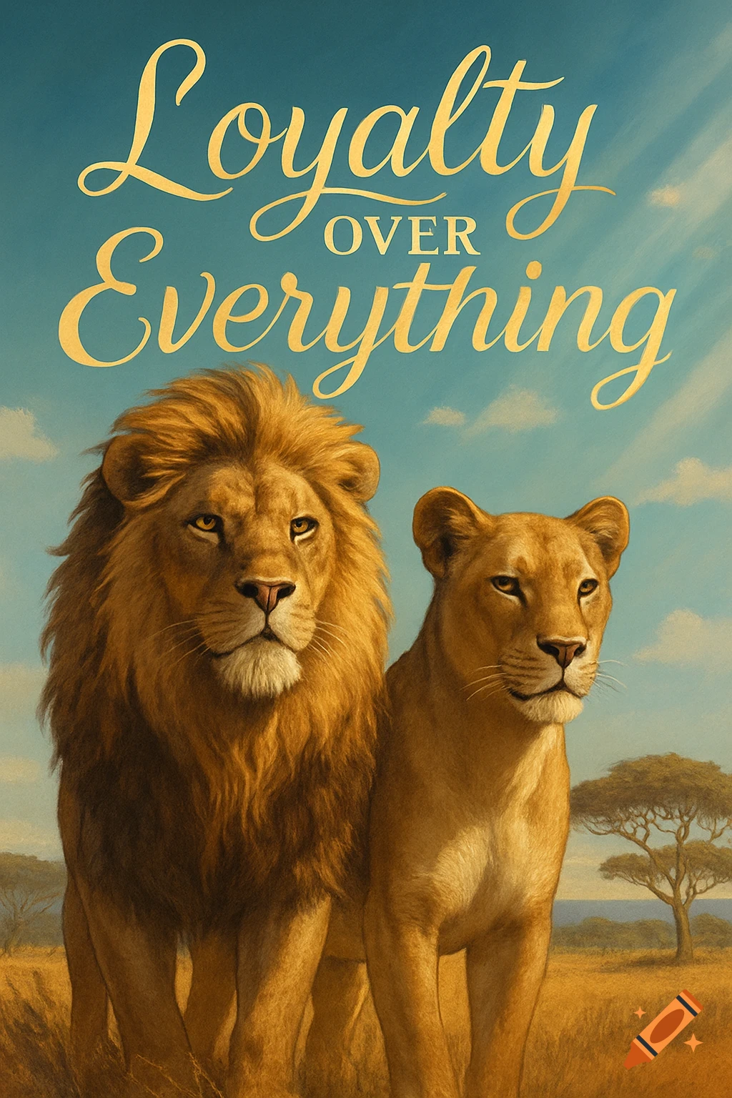 A male lion and lioness stand in a golden savanna under a blue sky, with stylized golden text 'Loyalty OVER Everything' above.