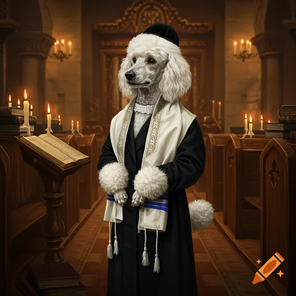 A white poodle dressed as an Orthodox rabbi stands in a dimly lit synagogue with lit candles and a book on a lectern.