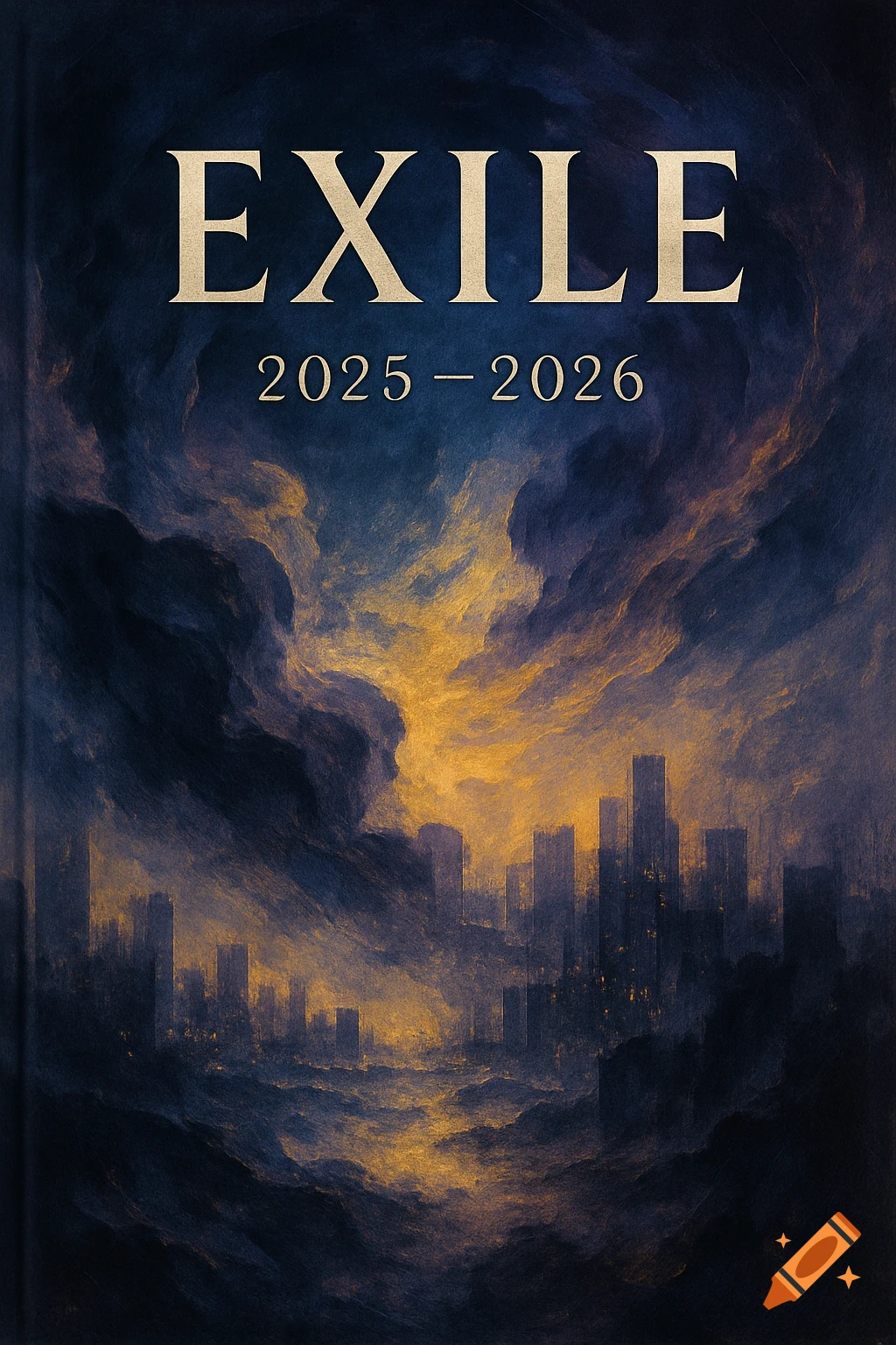 A digital art painting of a dystopian city skyline under a stormy, dark sky with golden light, with the text 'EXILE 2025 - 2026' at the top.