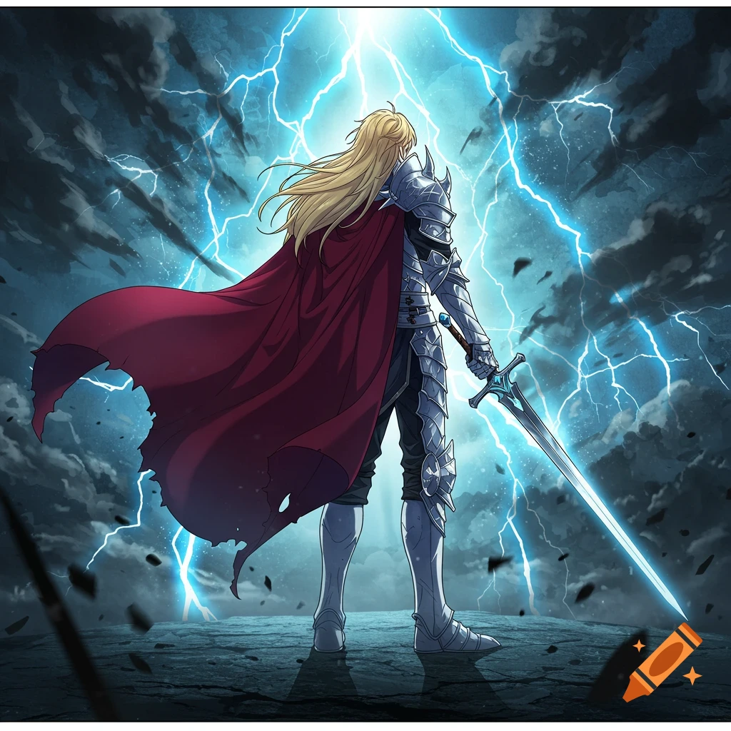 A man with long blonde hair, dressed in silver armor with a red cape, stands with his back to the viewer, holding a glowing sword, against a stormy sky filled with bright blue lightning.