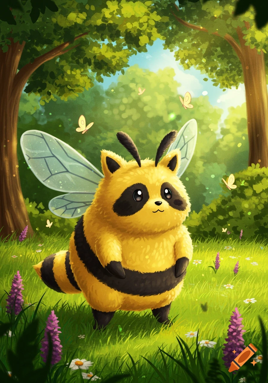 A cute, furry, yellow and black striped creature with a raccoon-like face and bee wings stands in a vibrant green meadow with trees and butterflies, in a digital illustration style.