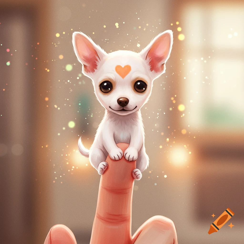 A cute white cartoon chihuahua with a heart on its forehead sits on a finger.