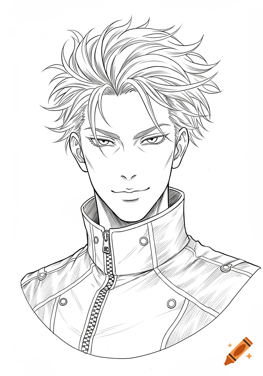 Line art portrait of a cool anime-style male with spiky hair and a leather jacket, looking forward with a subtle smile.