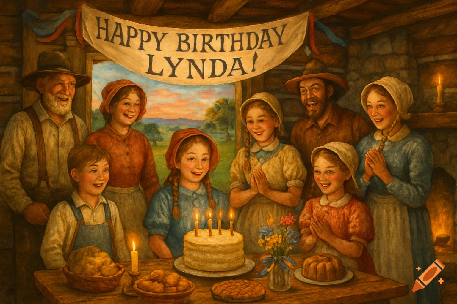 A family celebrates a birthday in a rustic home with a cake and banner reading "Happy Birthday Lynda!"
