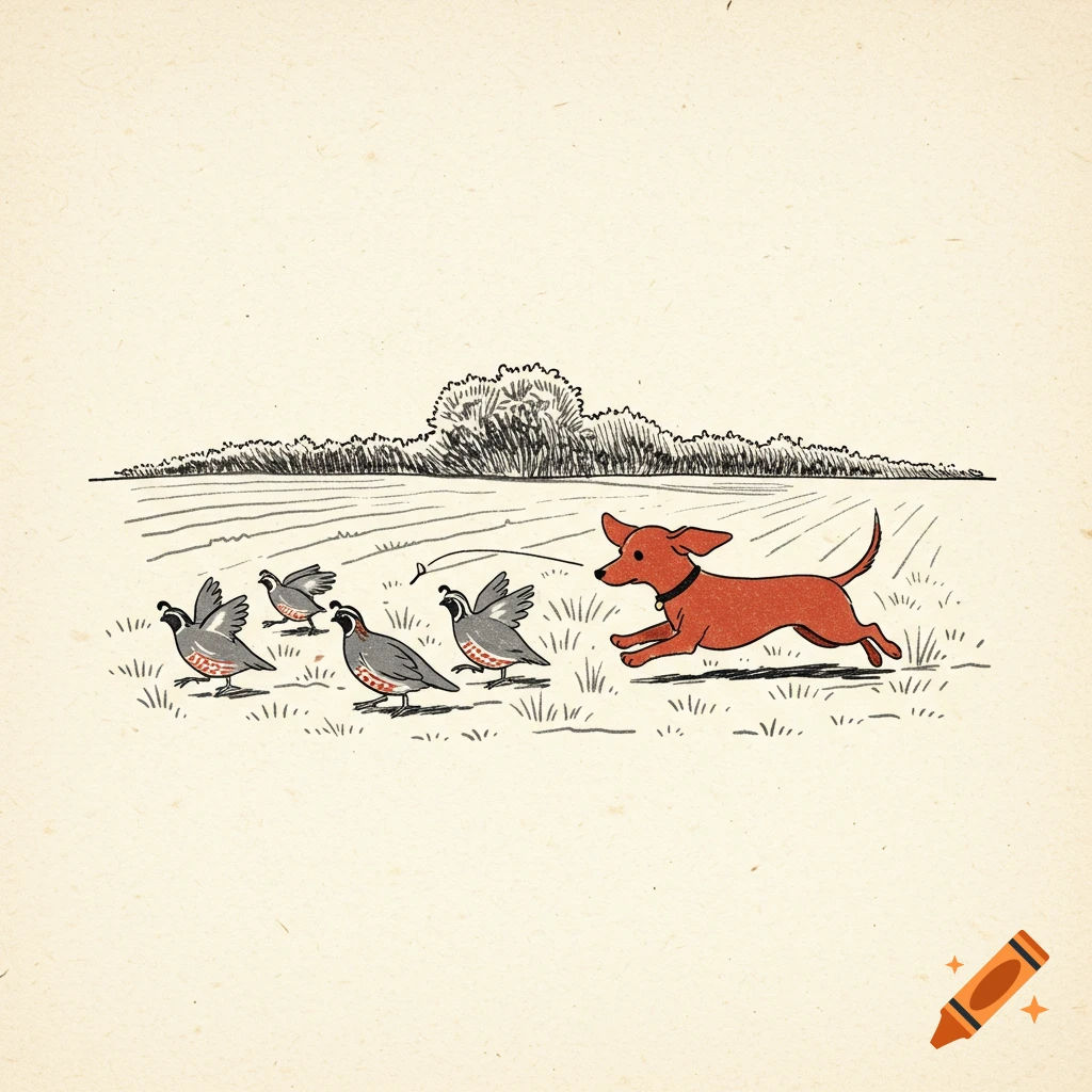 A red dachshund-like dog chases four quails through a field in a minimalist line drawing.