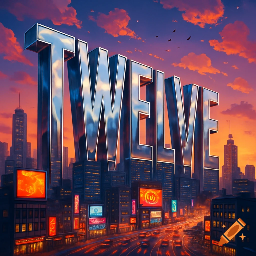Giant chrome 'TWELVE' sign towering over a city skyline at sunset with illuminated buildings and traffic.