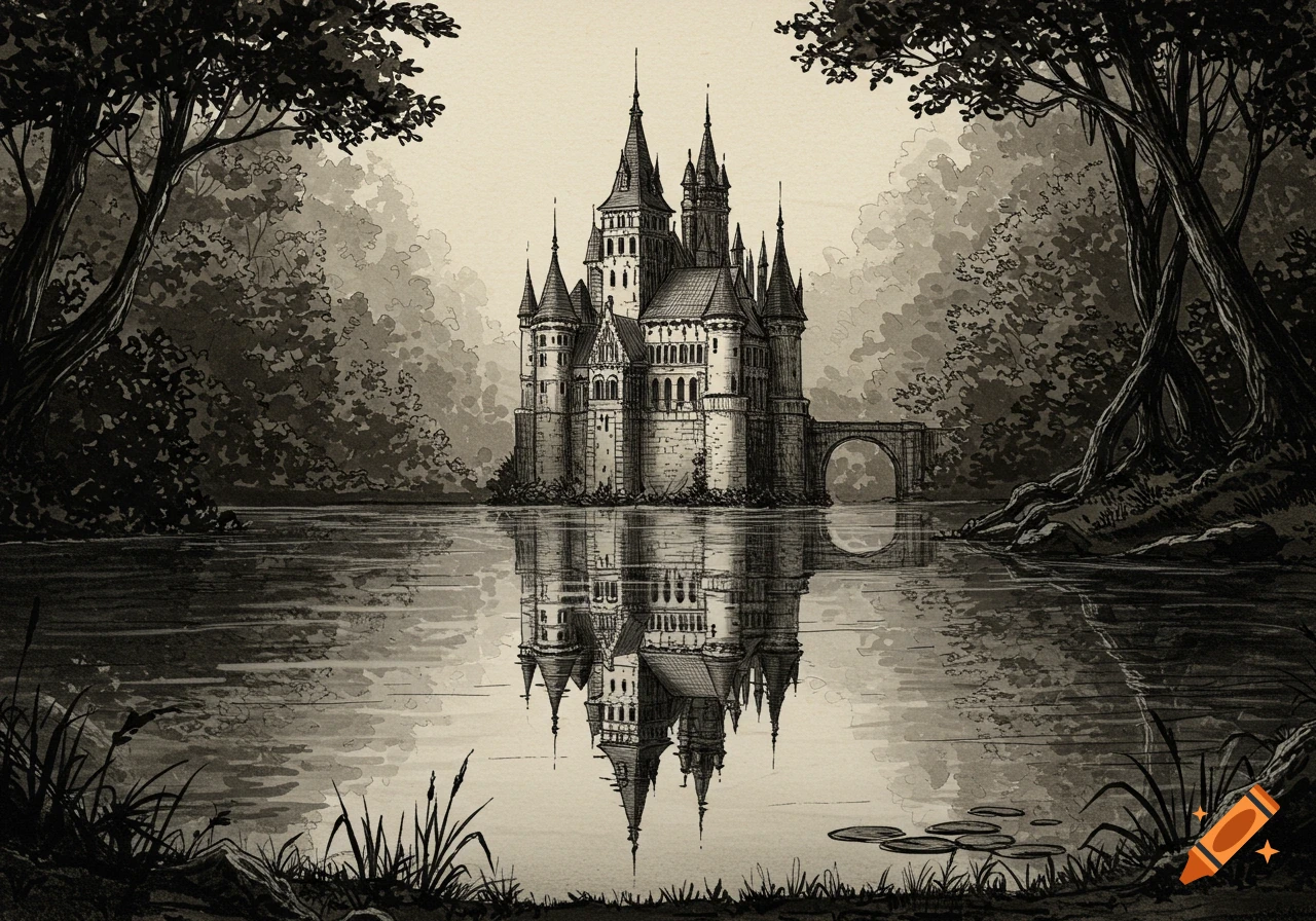 Ink sketch of a Gothic castle reflected in a dark lake, surrounded by a dense forest.