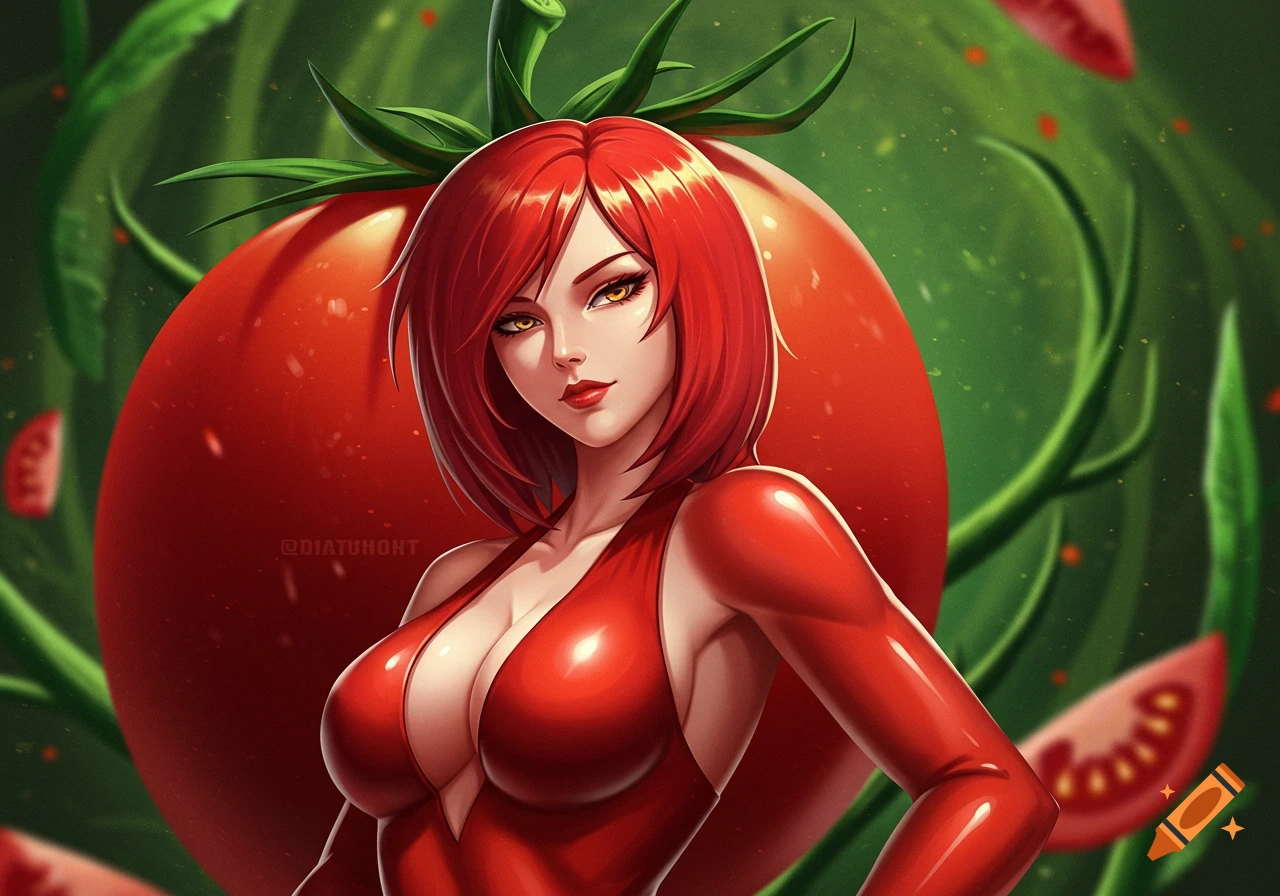 Anime woman with red hair and low-cut red outfit, against a giant tomato and green leaves background in a vibrant style.