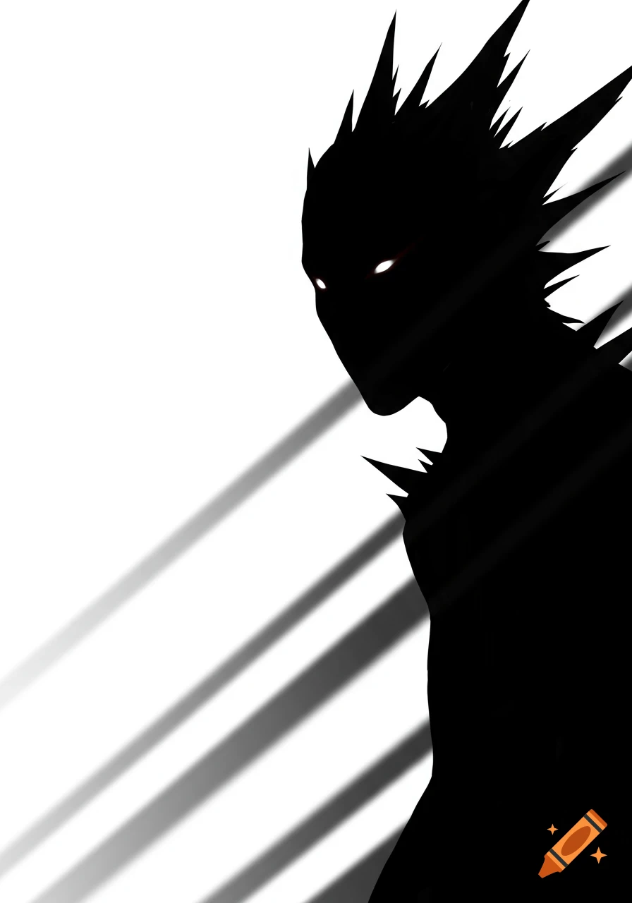 A black silhouette of a spiky-haired entity with glowing eyes against a white background with gray stripes.