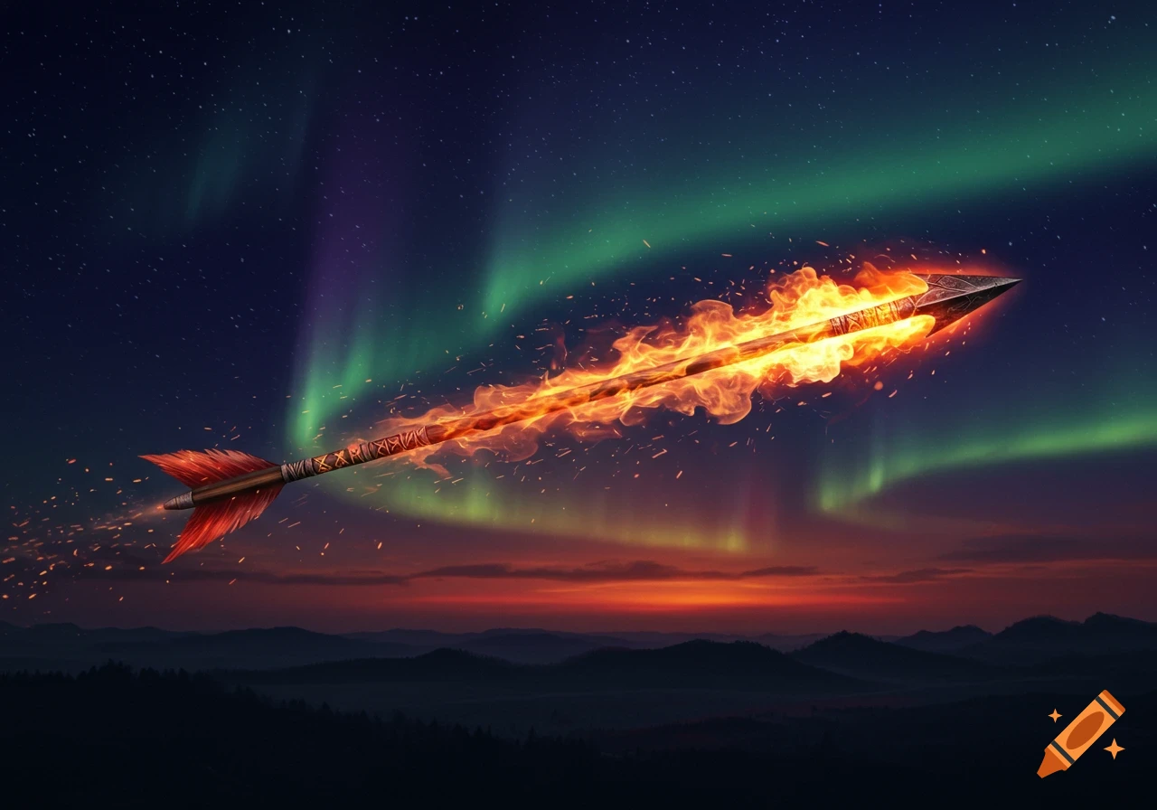 A fiery arrow shoots across a dark night sky illuminated by green and purple aurora borealis over silhouetted mountains.