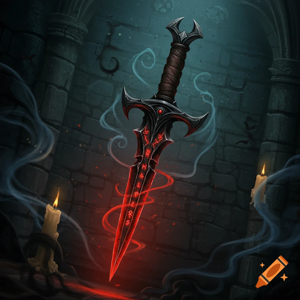 A stylized, dark fantasy dagger with a red glowing blade covered in unreadable runes, stands upright in a dark, ancient stone chamber with lit candles and smoke.