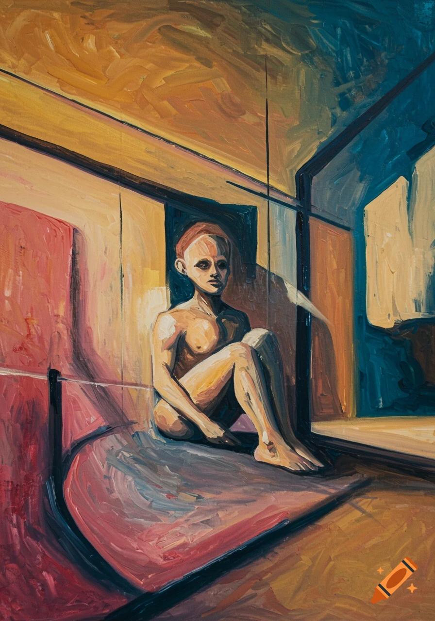 Expressionist oil painting of a seated nude figure with prominent brushstrokes in an interior setting.