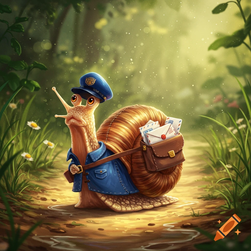 A cute, anthropomorphic snail dressed as a mail carrier, wearing a blue uniform and cap, carries a satchel full of letters while walking on a dirt path through a whimsical, sun-dappled forest.