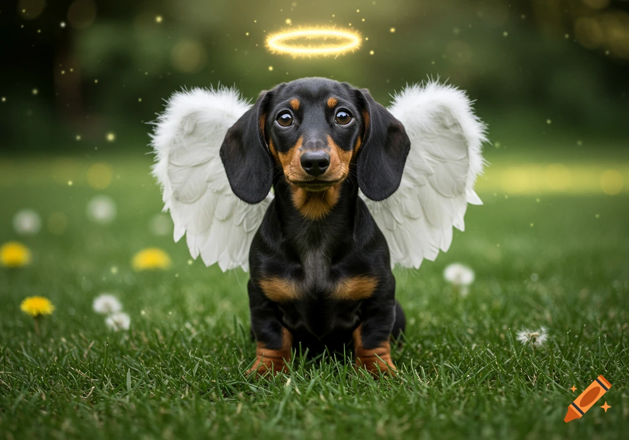 A black and brown dachshund dog with white wings and a golden halo sitting in green grass with sparkles.