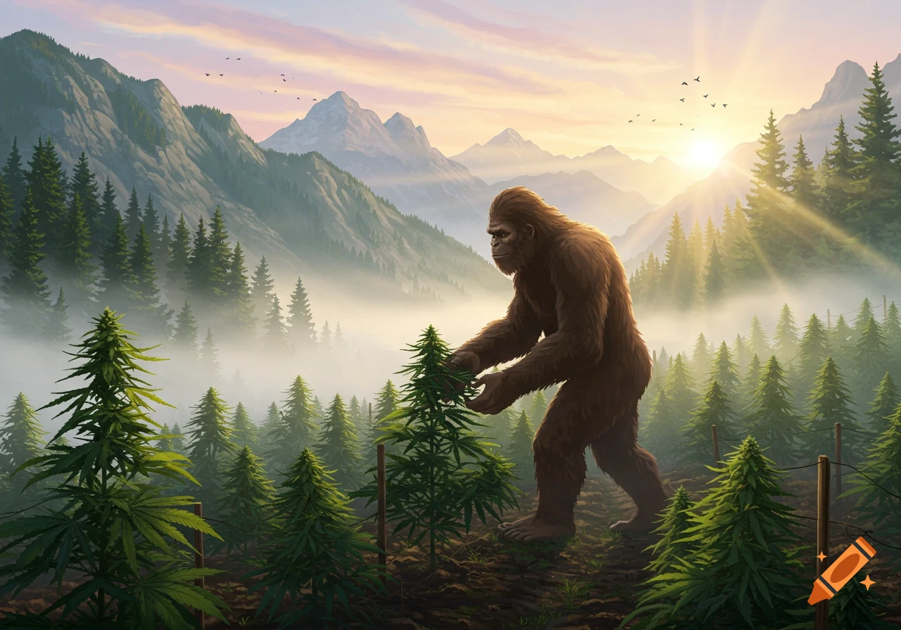 An illustration of Bigfoot tending to a field of cannabis plants in a misty mountain valley at sunrise.