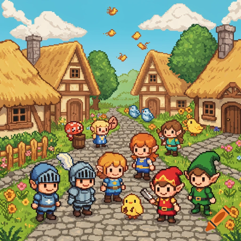 A vibrant pixel art scene of cute fantasy characters, including knights and elves, in a cheerful village setting with thatched-roof homes.