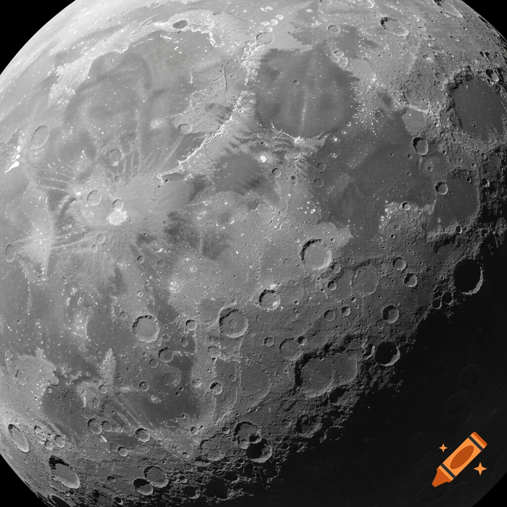 A grayscale, semi-realistic depiction of the Moon's cratered surface with high-contrast lighting.