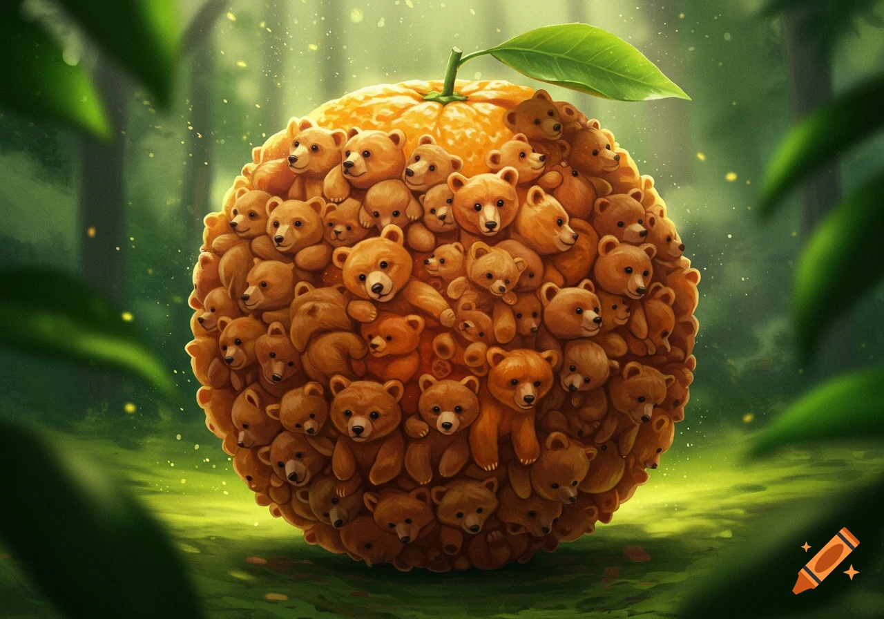 A whimsical digital illustration of an orange fruit entirely composed of many cute brown teddy bears, set against a blurred green forest background.