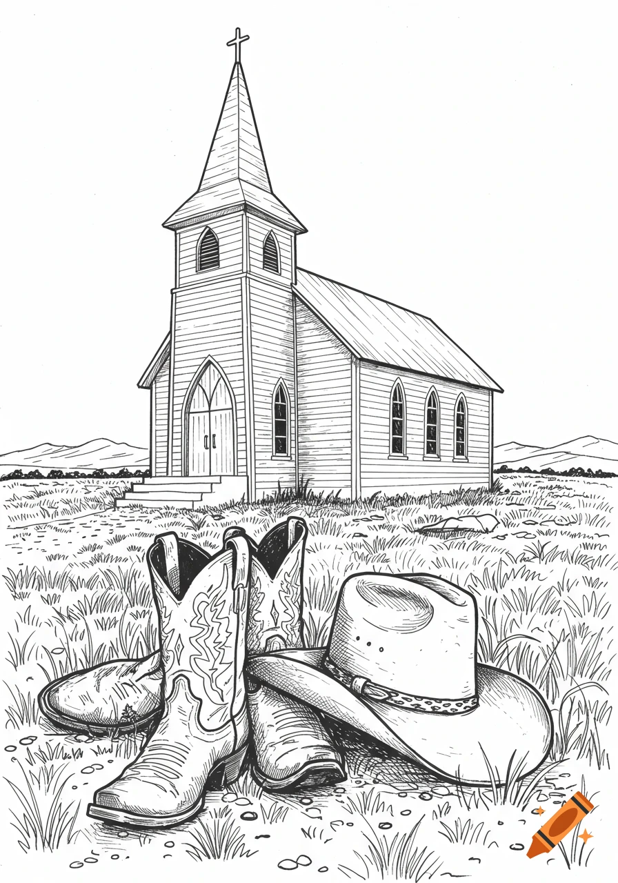 Line art drawing of a country church with a cross on top, cowboy boots, and a cowboy hat in the foreground, set in a grassy field.