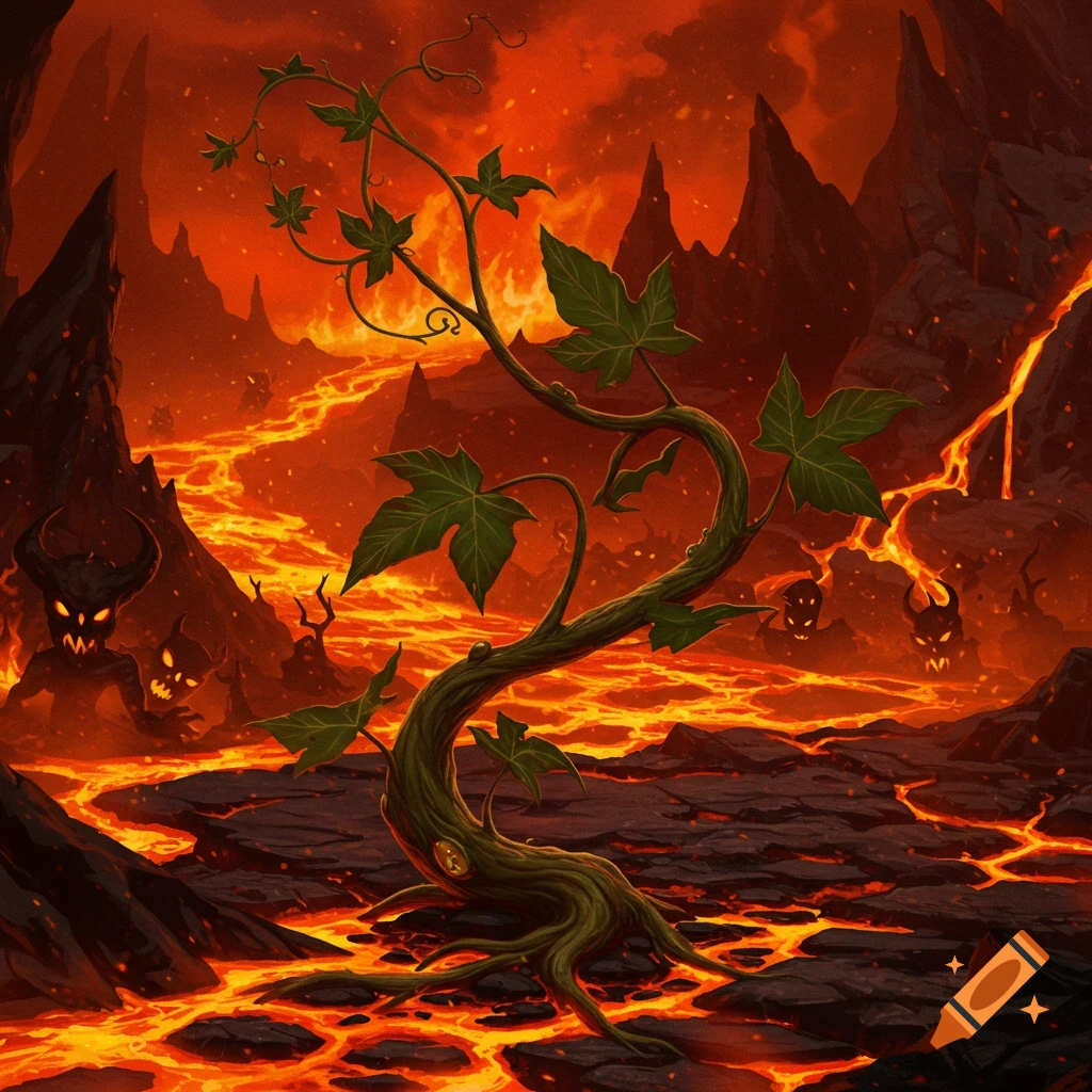 A green leafy plant stands amidst a fiery hellscape with flowing lava, jagged rocks, and silhouetted horned demons.
