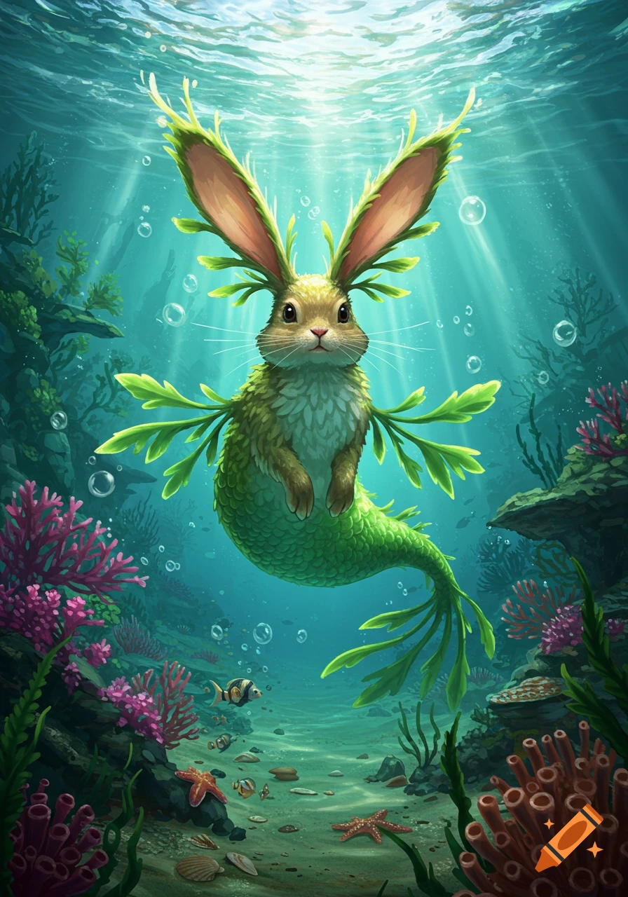 A cute rabbit-sea dragon hybrid with large ears and a green scaled tail swims in a colorful underwater coral reef.