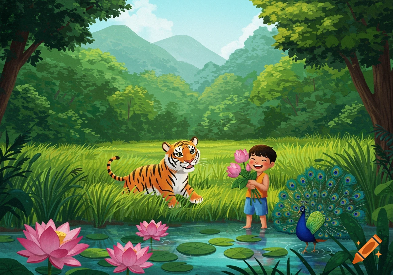 Smiling boy holds lotus flowers in a lush forest with a friendly tiger, a peacock, and lotus blooms in water, storybook style.