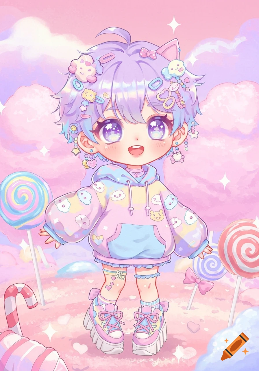Cute chibi anime boy with purple hair, pastel hoodie, and candy accessories in a colorful fantasy land with lollipops.
