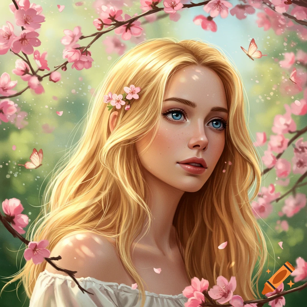 Digital portrait of a blonde woman with blue eyes, surrounded by pink cherry blossoms and butterflies, looking away.