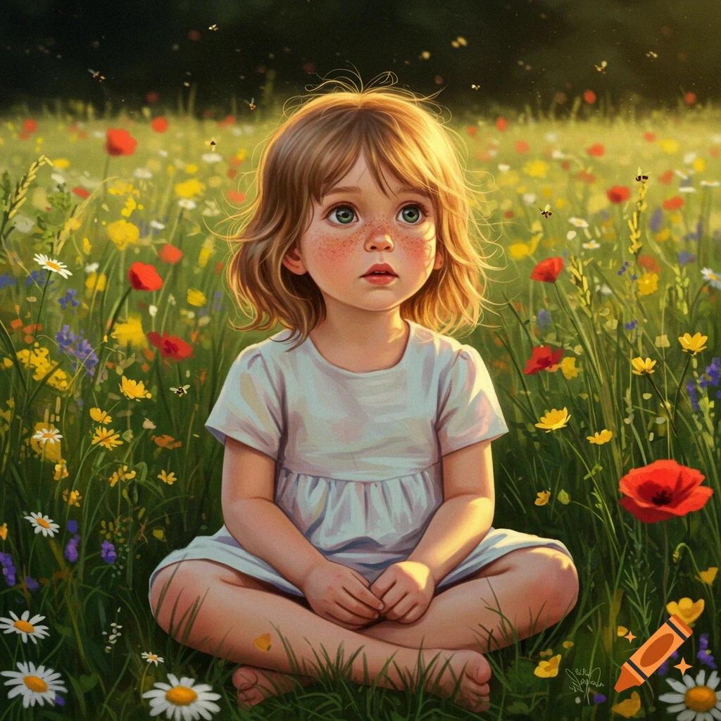 An illustrated young girl with red freckles sits cross-legged in a vibrant wildflower meadow, looking up at the sky.