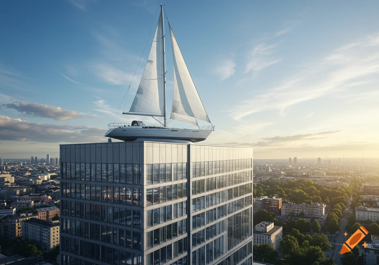 A large white sailboat sits atop a modern skyscraper in a bustling city, bathed in golden hour light.