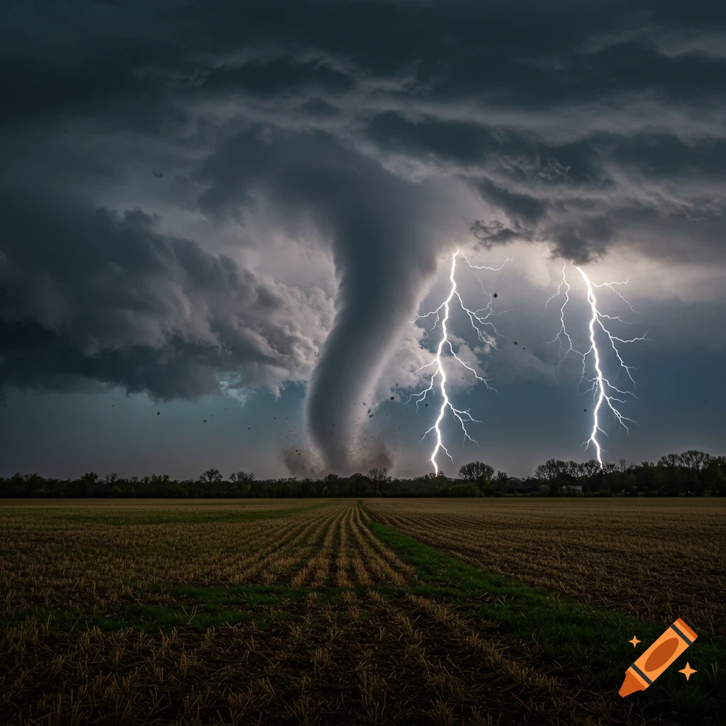 A large tornado touches down in a field under a dark, stormy sky with multiple lightning bolts.
