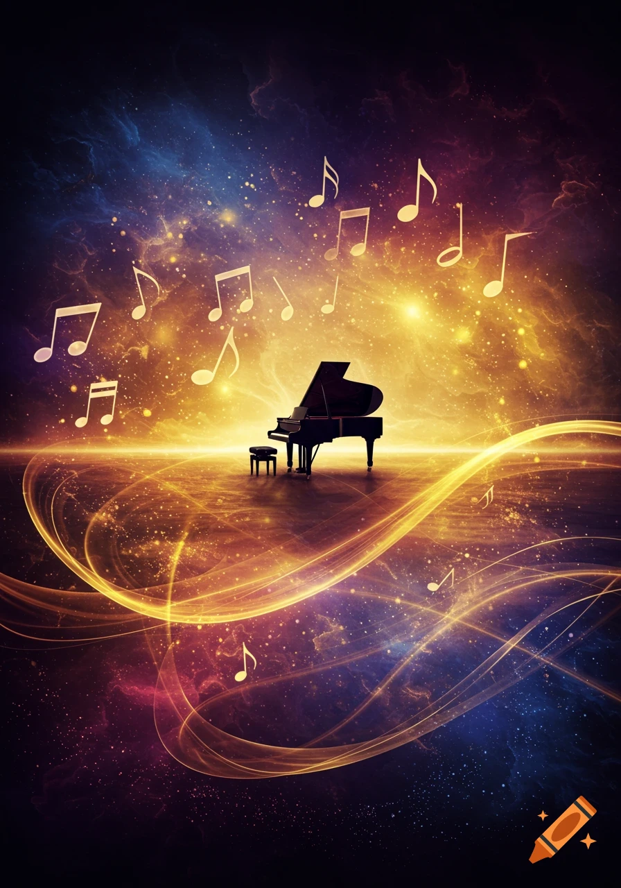 A grand piano surrounded by glowing musical notes and swirling golden light against a dark, cosmic background.