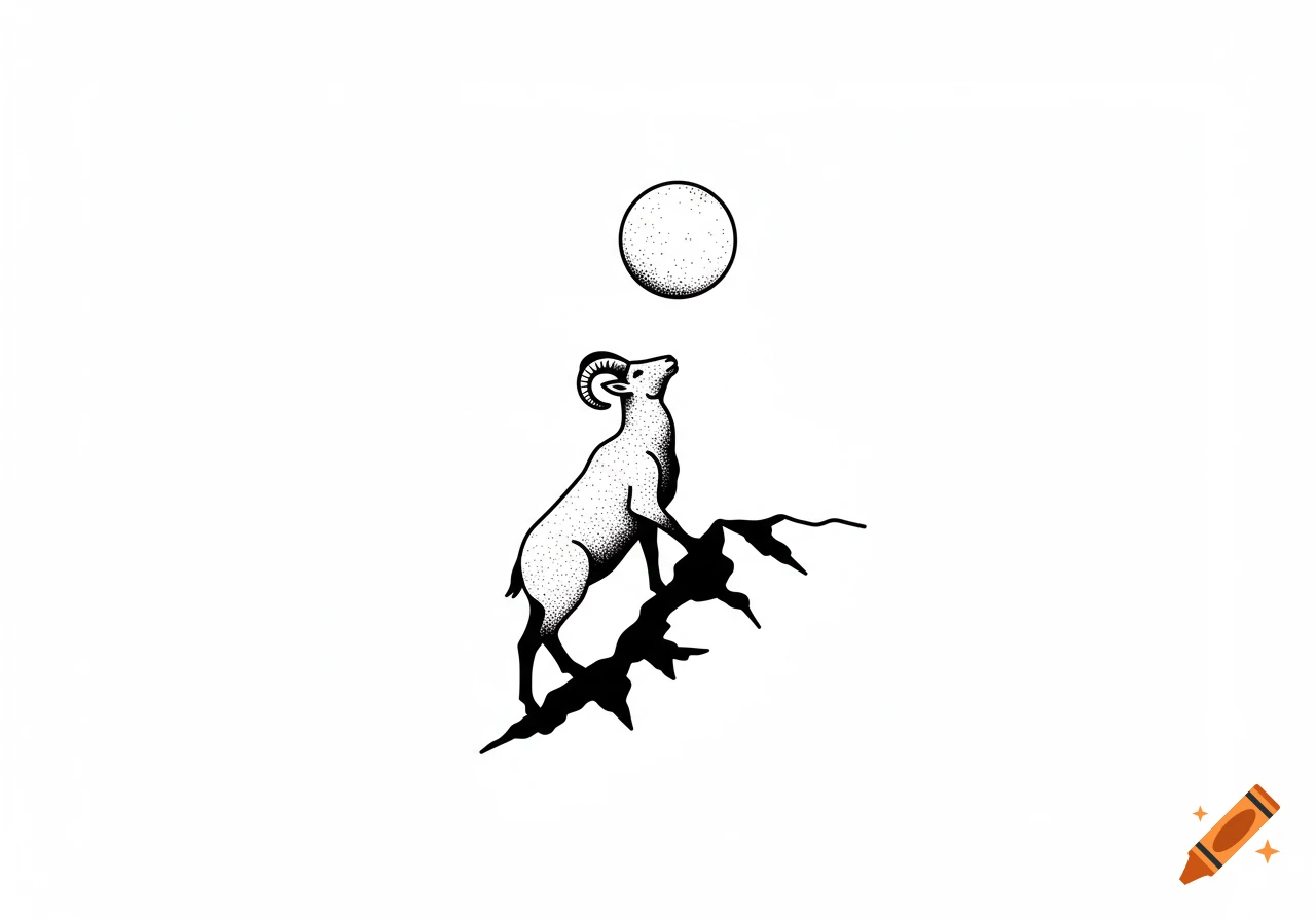A minimalist black ink illustration of a mountain goat climbing a cliff, looking up at a full moon.