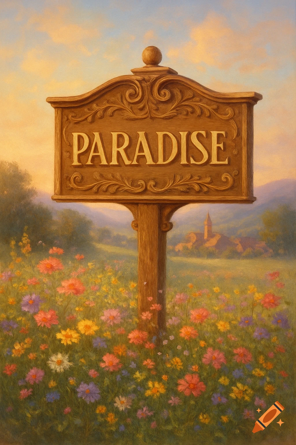 A painting of a wooden sign reading "PARADISE" in a field of colorful wildflowers, with a distant village under a soft sky.