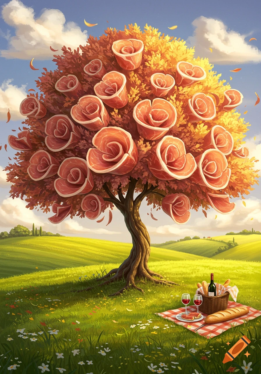 A whimsical tree with slices of prosciutto shaped like flowers and leaves, overlooking a picnic blanket with food and wine in a sunny green field.