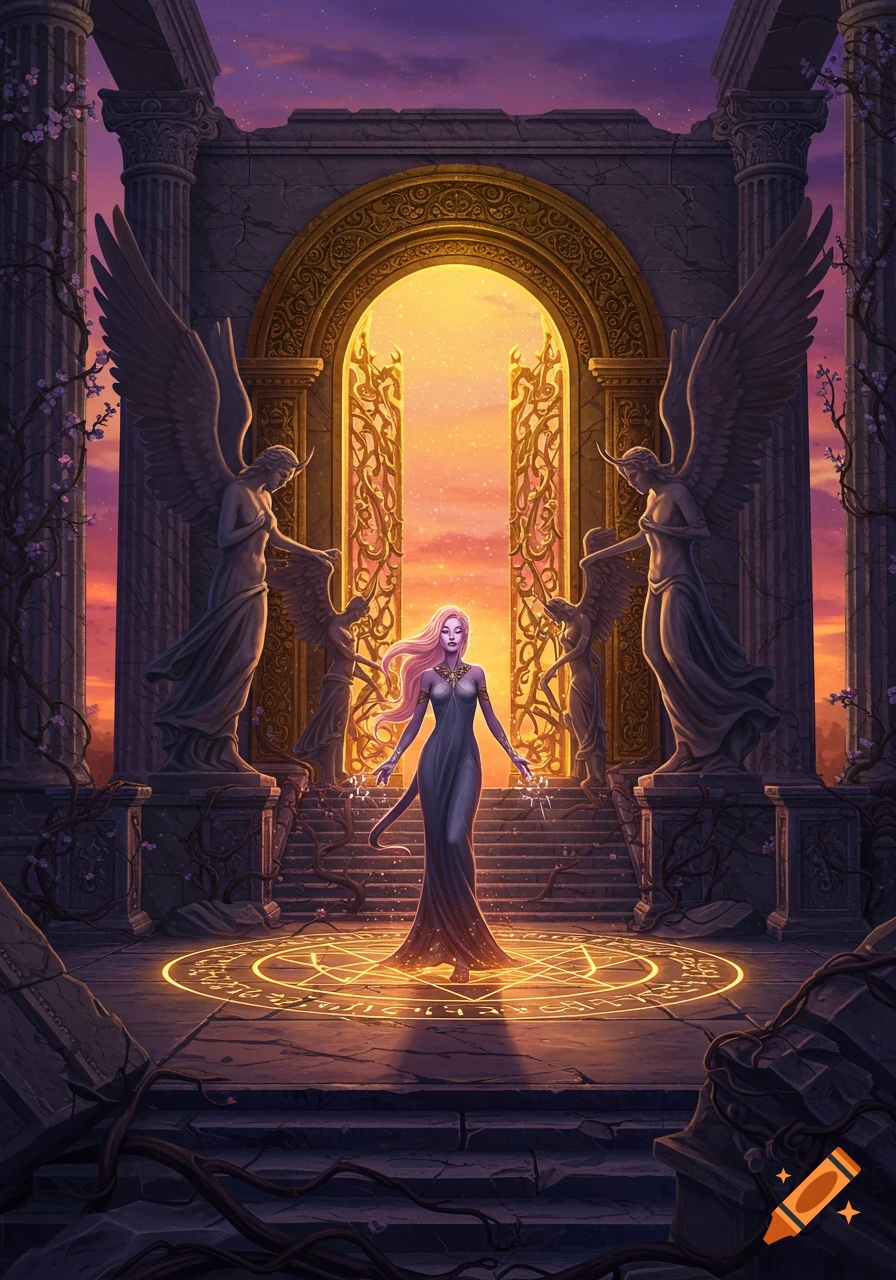 A woman with pink hair stands in a glowing arcane circle within a crumbling temple at dusk, flanked by angelic statues and a golden archway.