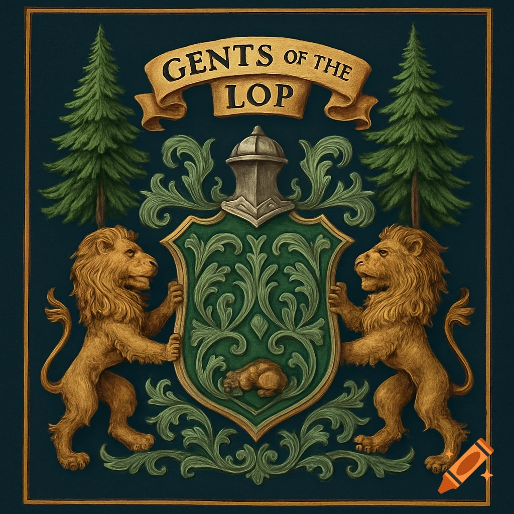 Heraldic coat of arms with two lions, a shield featuring a sleeping chipmunk, a helmet, pine trees, and a banner reading 'Gents of the Lop'.