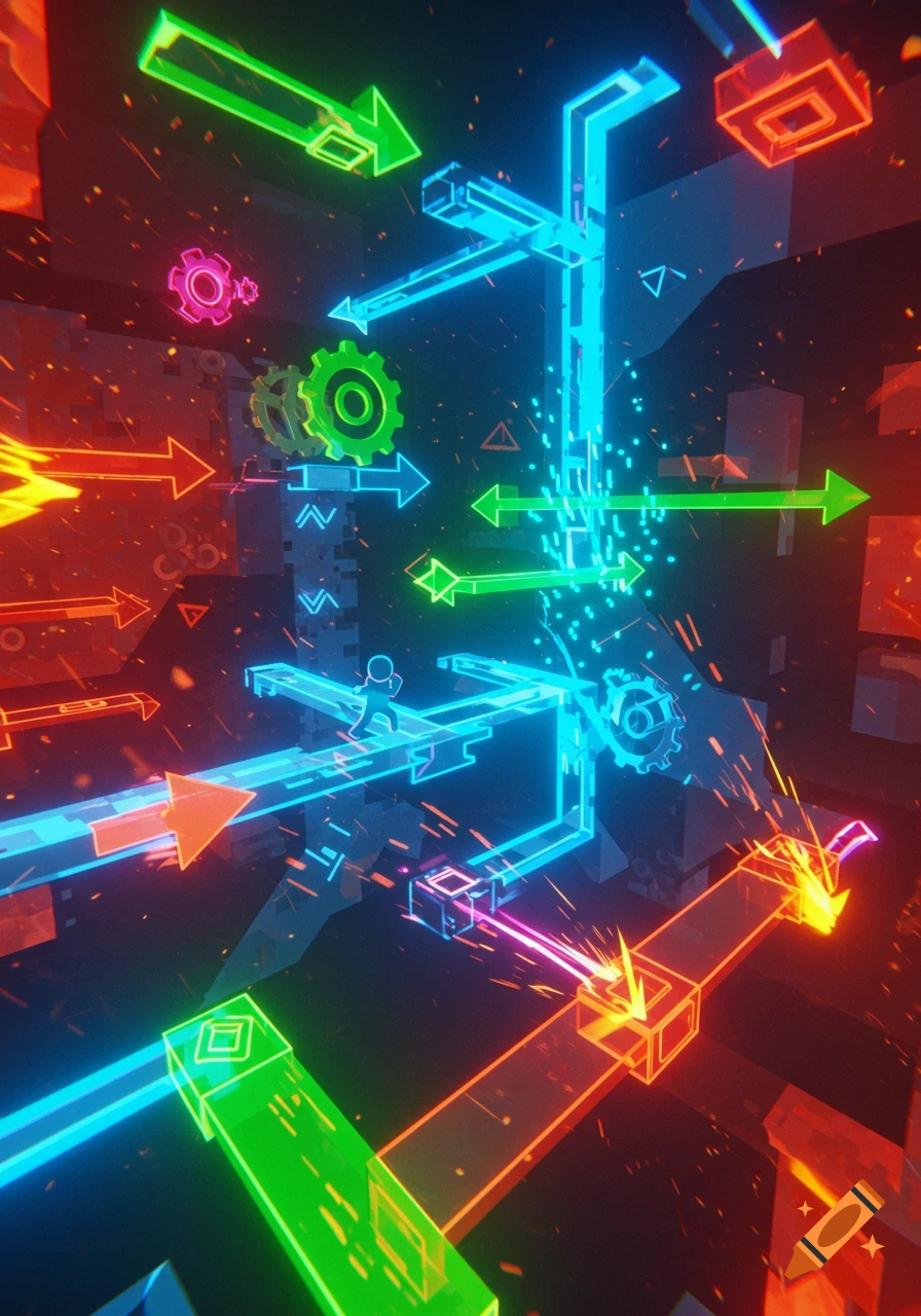 Abstract neon scene with a small character running on glowing blue paths surrounded by red, green, and pink arrows and gears, in a video game style.