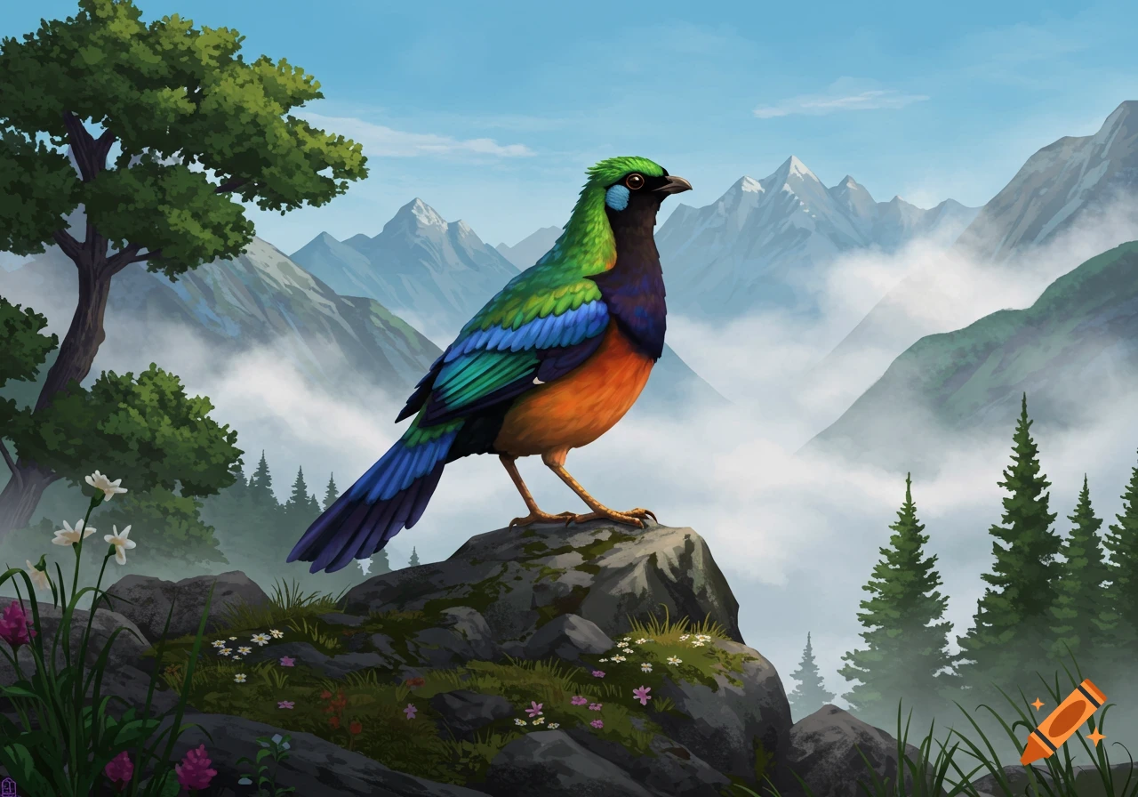 A vibrant green, blue, and orange bird perches on a rock amidst misty mountains and trees. Digital painting.